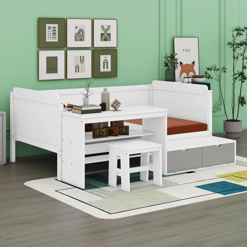 Wooden Twin Size Bed Frame With Desk, Open Shelf & Storage Lockers, White