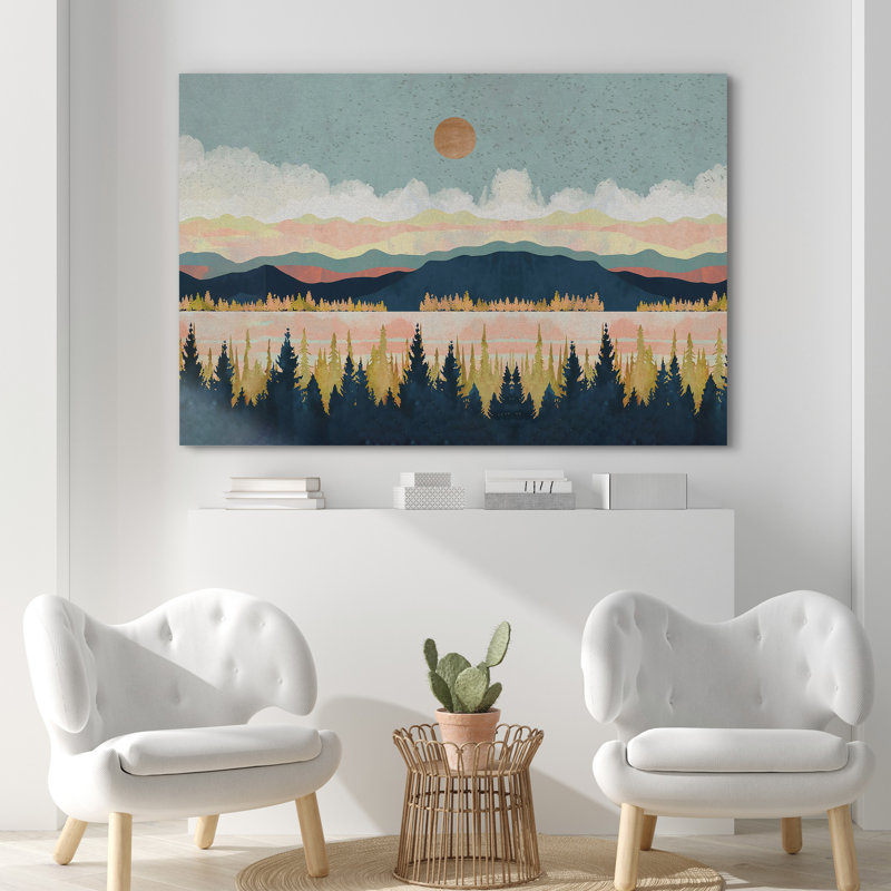 «Pastel Gradient Mountain Lake with Lush Forest», reproduction d'art sur toile encadrée, H 12 po x l 18 po x P 1,5 po