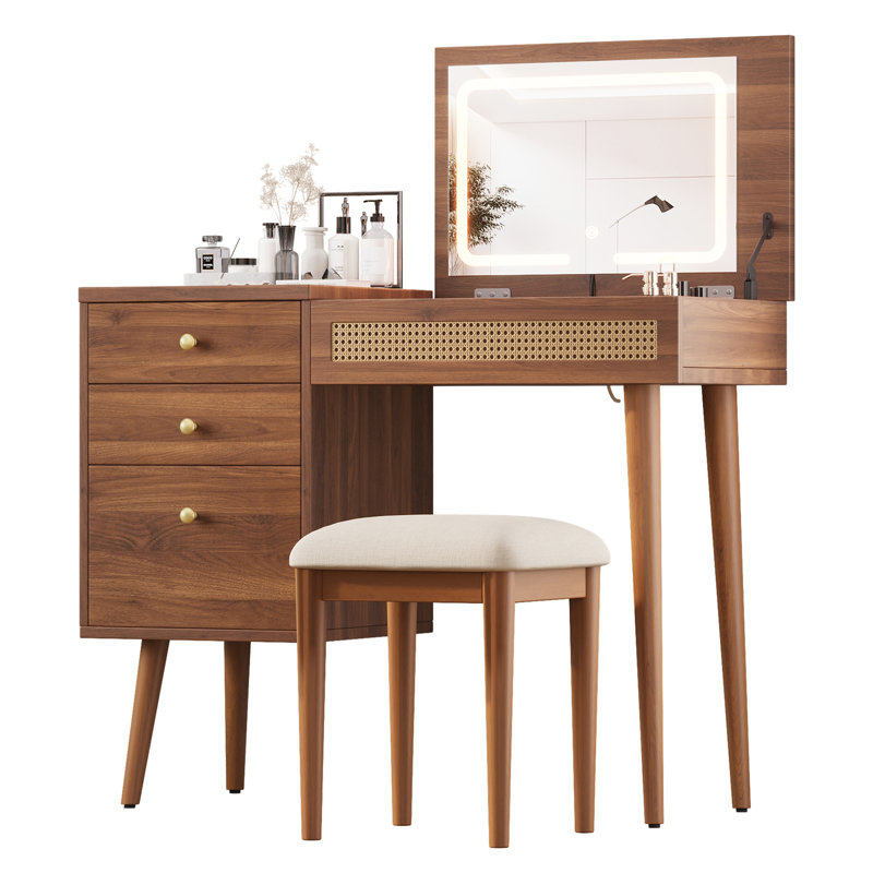 Meuble-lavabo de 39 po avec miroir et lumières à DEL, maquillage de style bohémien, rangement pour coiffeuse, 10 compartiments noyer brillant lustré rétro, éclat éclatant