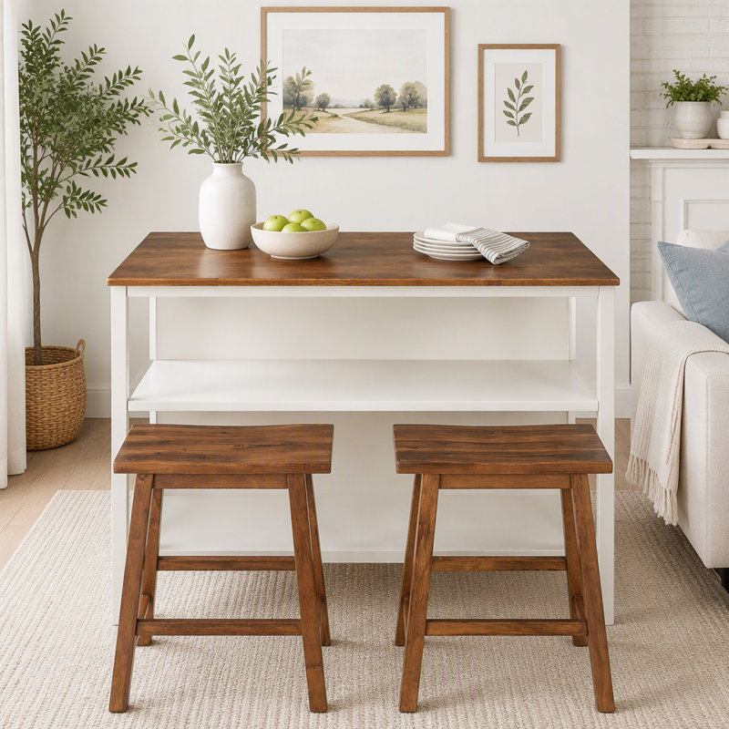 Ensemble îlot de cuisine en bois massif 3 pièces avec 2 tabourets