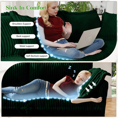 Sectional 2 Seater Sofa Couch with Convertible Ottoman,Wide and Deep Seat L Shaped Sofa with Detachable Cover and Soft Multiple Big Pillows,Green Corduroy Fabric