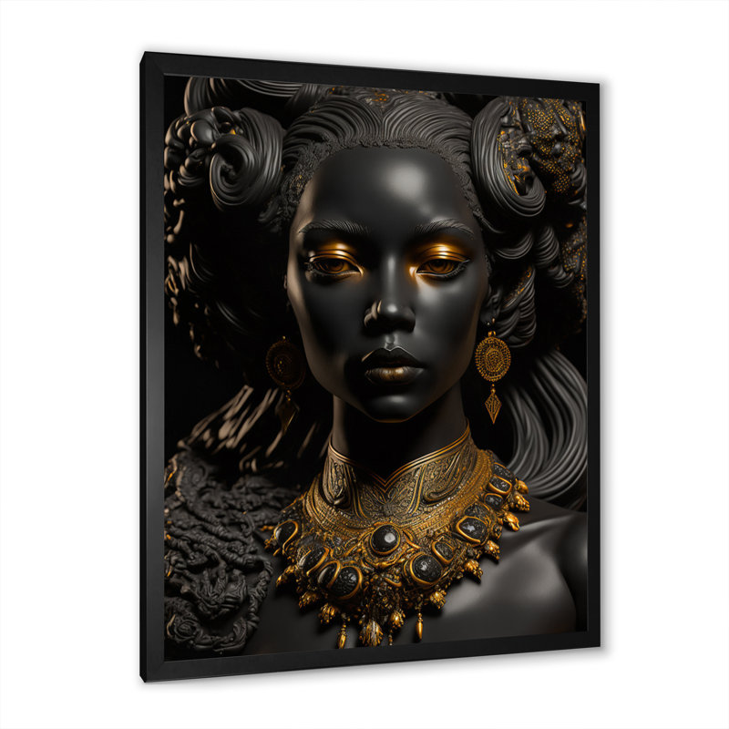 Gros plan, déesse africaine, noire et dorée, sur toile, Cadre photo noir, H 20 po x l 12 po x P 1 po