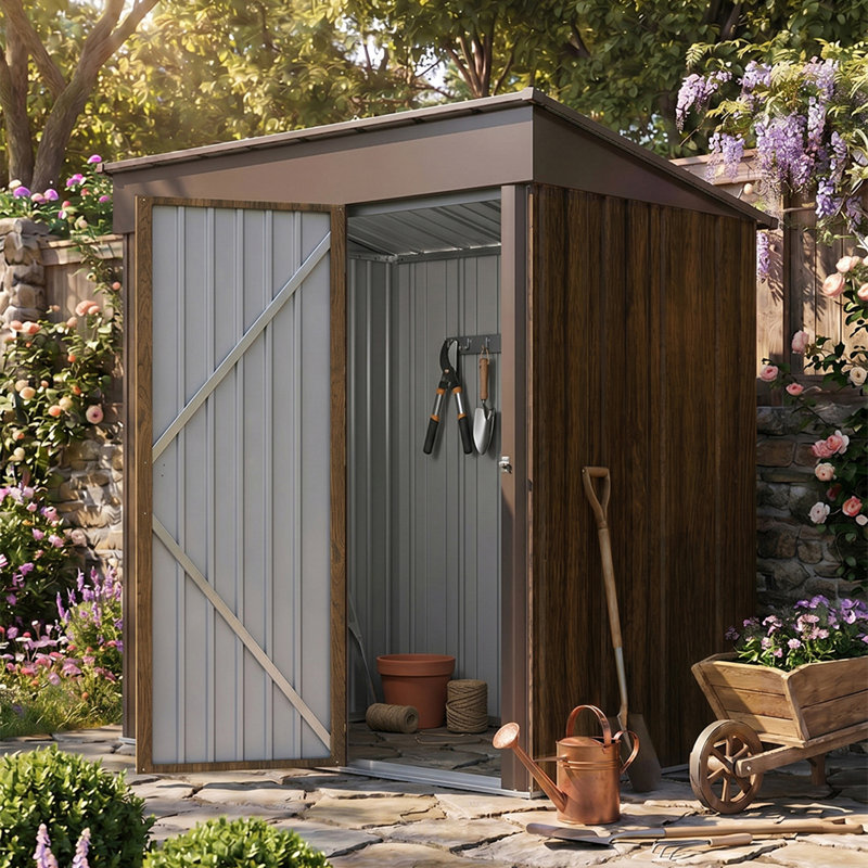 3x5 FT Outdoor Pent Roof Metal Garden Storage Shed, 3D Brown Wood Grain