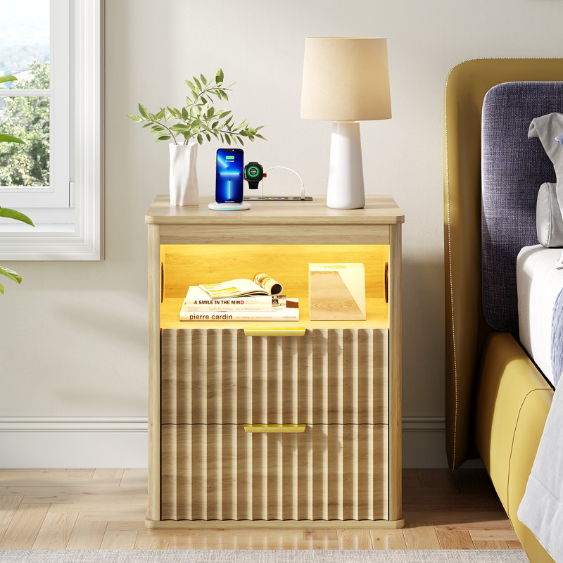 19.7'' W Nightstand With Bluetooth Speaker, Motion Sensor, Led Lights And Wireless Charge, Oak