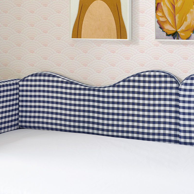 Lit de jour simple, lit de jour rembourré en vichy équipé d'un cadre de lit gigogne escamotable et d'une poche de rangement latérale, canapé-lit multifonctionnel en bois massif pour chambre d'enfant et chambre d'amis - bleu