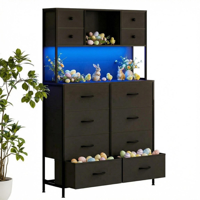 12-Drawer Dresser with Power Outlet & Open Shelves - LED Light Wood Top Metal Frame Fabric Dresser for Bedroom, Hallway, Living Room