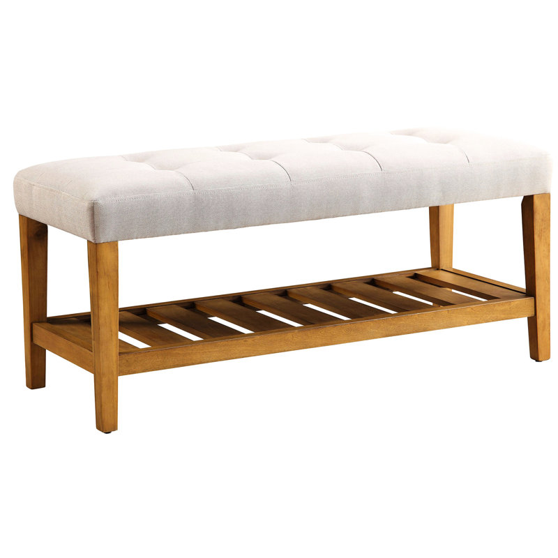 Banc gris rembourré avec structure en chêne stable et cadre de rangement moderne