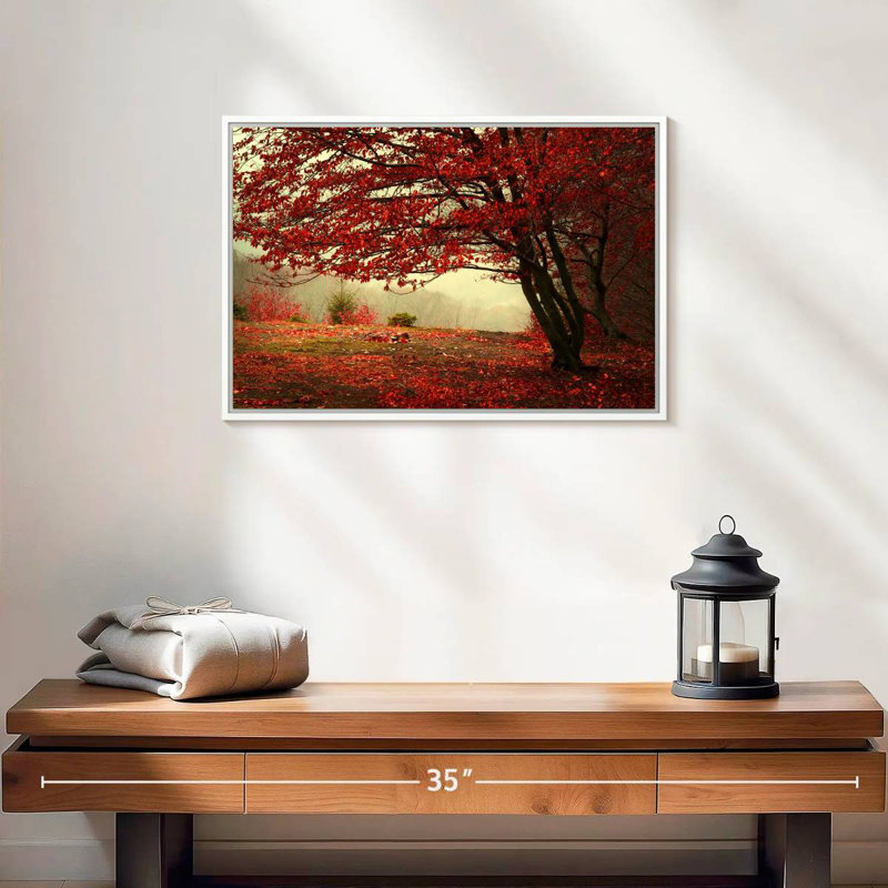 Arbre rouge en automne, Cadre flottant blanc, 19 po x 13 po