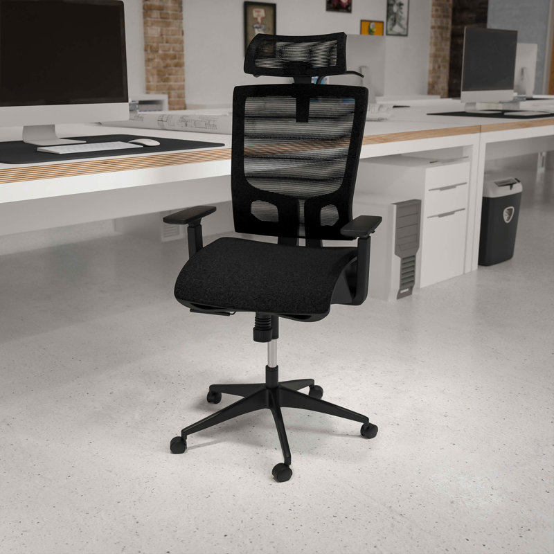 Chaise de bureau avec inclinaison synchronisée, appui-tête réglable, soutien lombaire et accoudoirs réglables, Noir