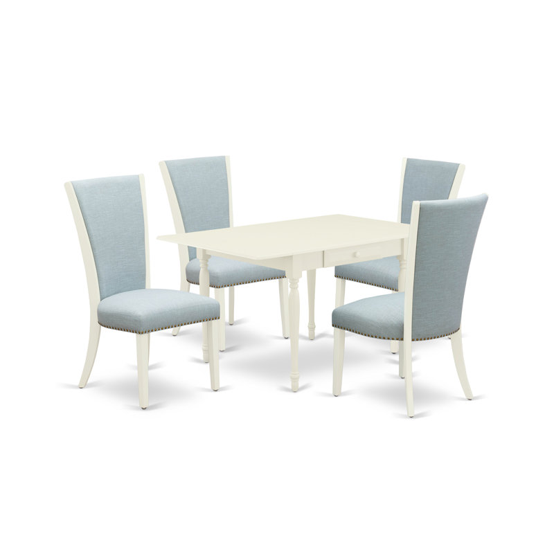 L'ensemble de table de salle à manger 5 pièces comprend une table rectangulaire en bois avec Dropleaf et 4 chaises de salle à manger Parson en tissu bleu bébé, lin blanc