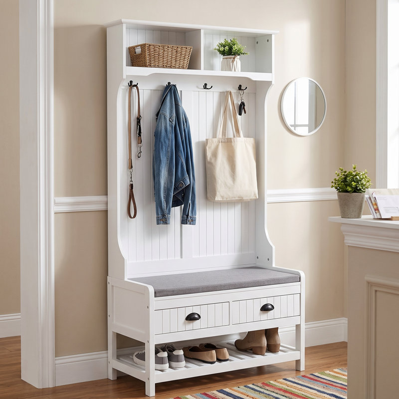 Arbre d'entrée avec banc, banc d'entrée avec portemanteau, banc de vestibule avec range-chaussures, 2 tiroirs de rangement, 4 crochets