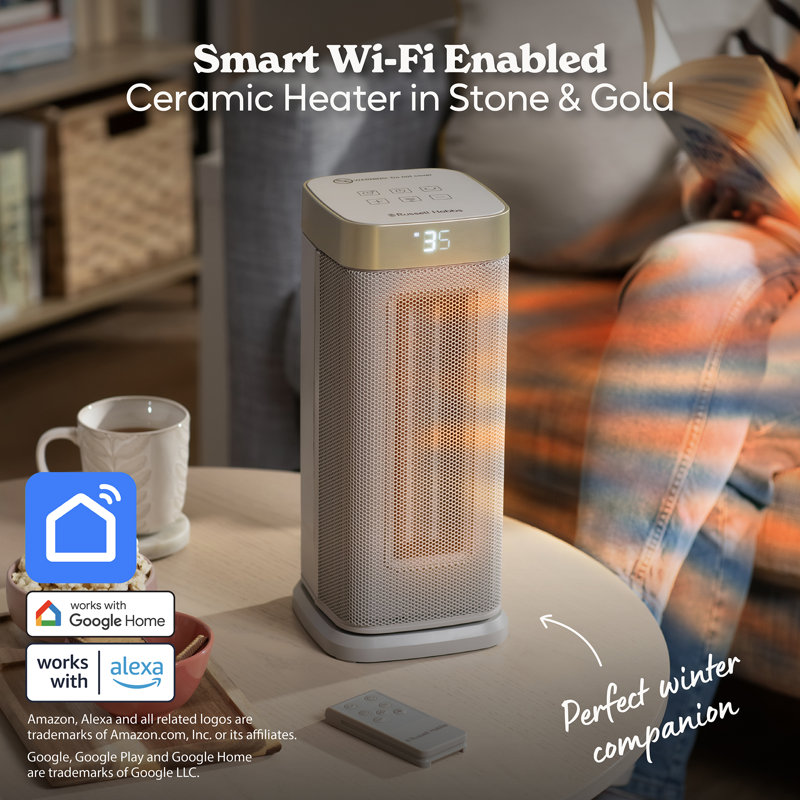 Russell Hobbs® RHCTH2002G-SMT, Square Design 2000W Smart Wi-Fi Enabled Oscillating Ceramic Heater with Digital Display in Black & Gold