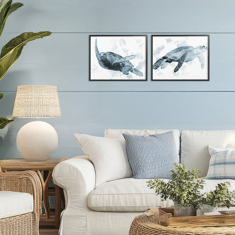 «Blue Weathered Turtle Portraits», ensemble de 2 giclées encadrées, design par Marcus Prime, H 11 po x l 28 po