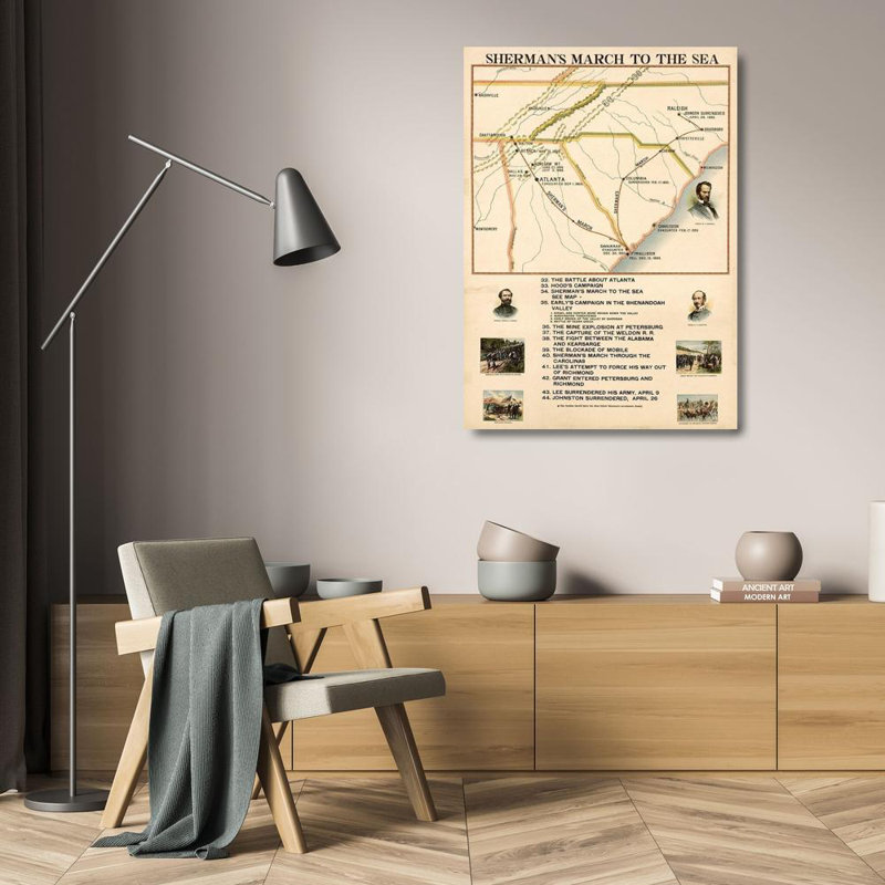 Art sur toile tendue par Trinx, cartes d'époque, "La guerre civile, Shermans, marche vers la mer" 62175, H 24 po x l 18 po