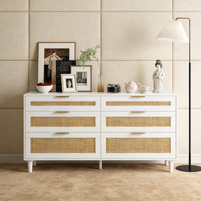 Commode 59 po en rotin avec 6 tiroirs, commode en bois blanc moderne pour la chambre à coucher, le salon ou le couloir