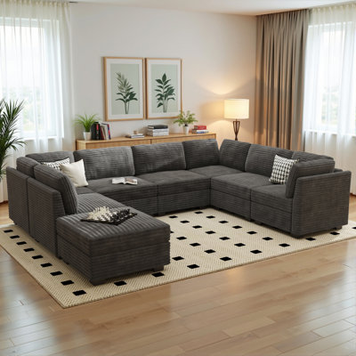 8-piece Plush Corduroy Modular Sectional Sofa With Ottoman, Comfy Deep Seat Cloud Couch, Upholstered Living Room Set