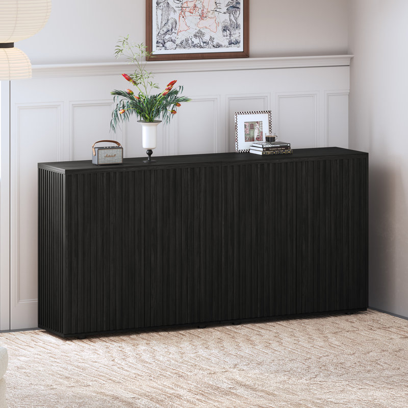 Buffet avec rangement, buffet cannelé avec tablettes réglables, Noir gris