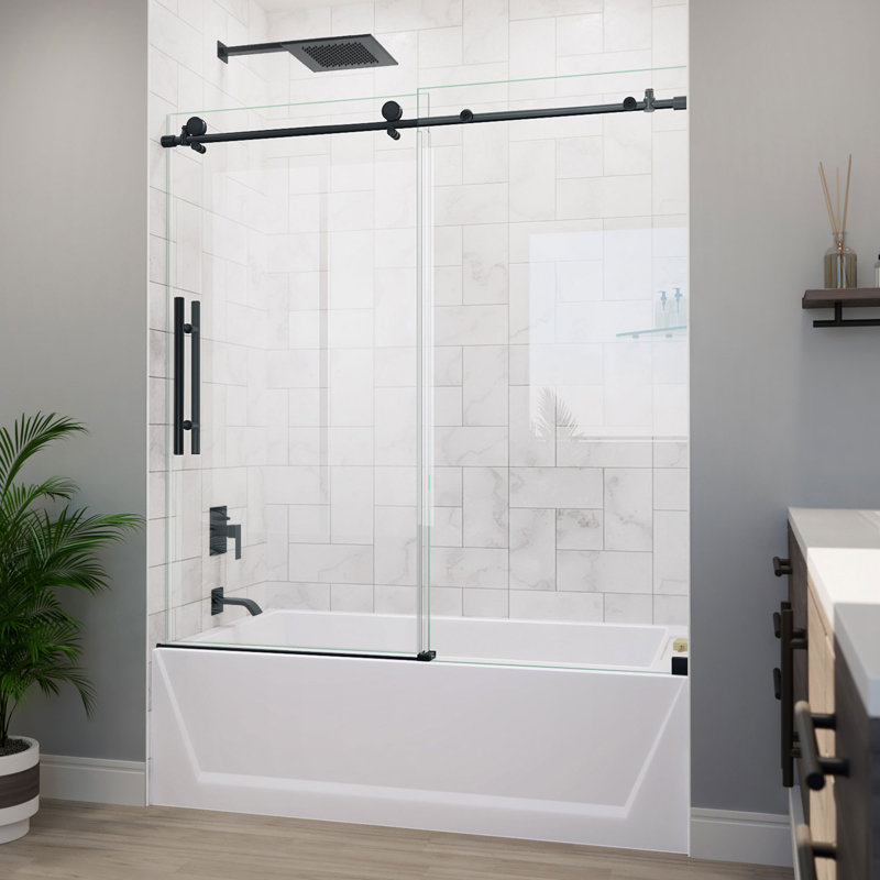 55" - 59" W x 62" H Single Sliding Frameless Tub Door with ClearMax Glass Treatment, Matte Black