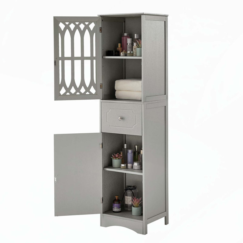 Armoire de salle de bain polyvalente et autoportante avec plusieurs compartiments et fabrication durable, Gris