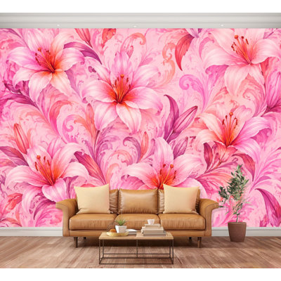 Wall Mural Peel and Stick Pink Floral Vibrant Lily Flowers Swirling Leaves Large Wallpaper Self-Adhesive Removable Contact Paper Wall Decor for Living Room Bedroom Nursery 100"H x 144"W