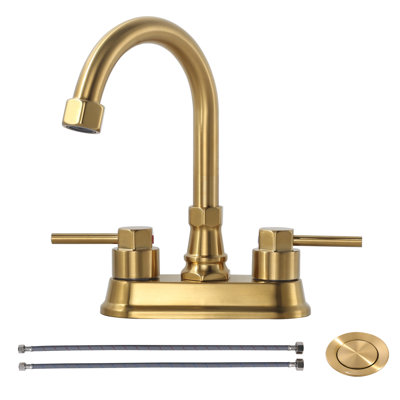 4 po Robinet pour salle de bain à poignée double à grande arche Centreset avec ensemble de drain et tuyaux d'entrée d'eau inclus en or brossé