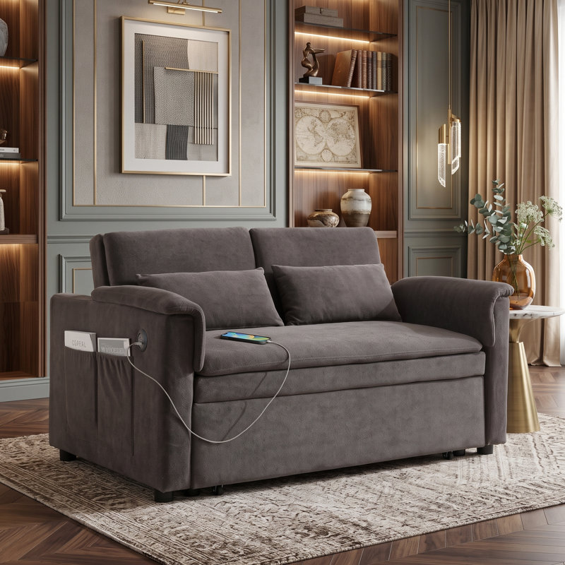 Causeuse convertible en velours de 55 po de large avec ports USB intégrés et poches de rangement, Dark Grey