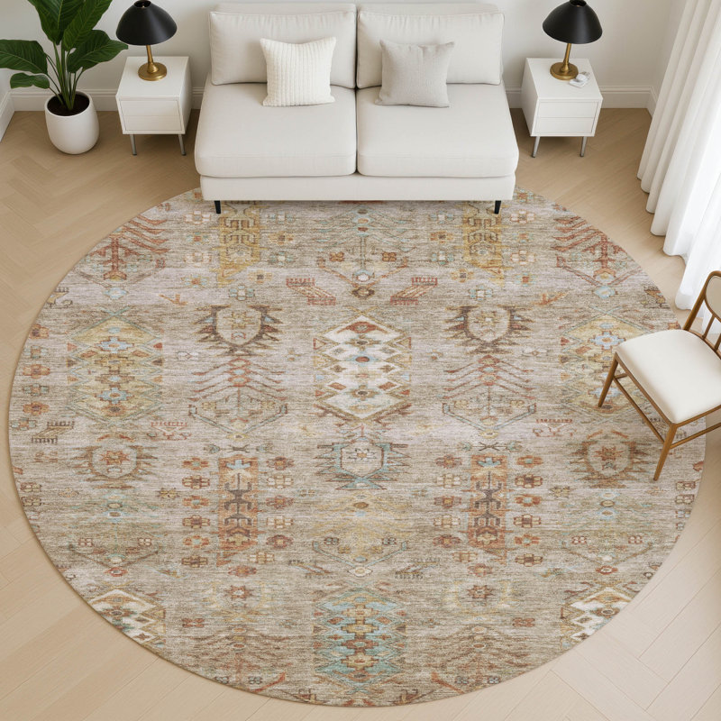 Premium Machine Washable Mayfield AMF2047 Global Rug, Beige, 8' Round