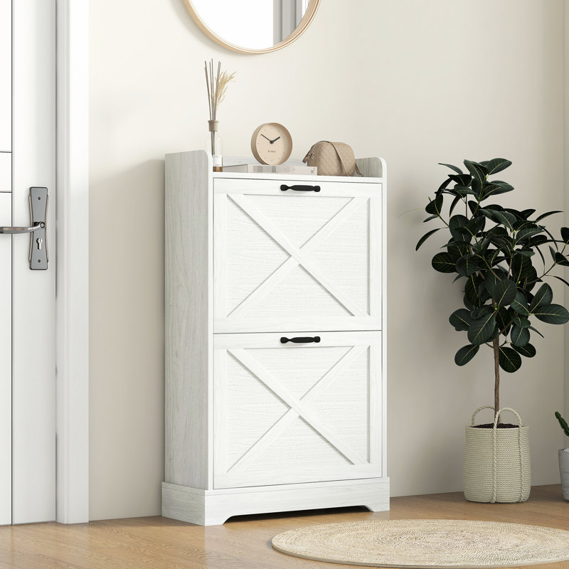 Armoire à chaussures mince pour le vestibule, 2 tiroirs rabattables et tablettes réglables, pouvant accueillir 8 paires, porte-stylo blanc vieilli