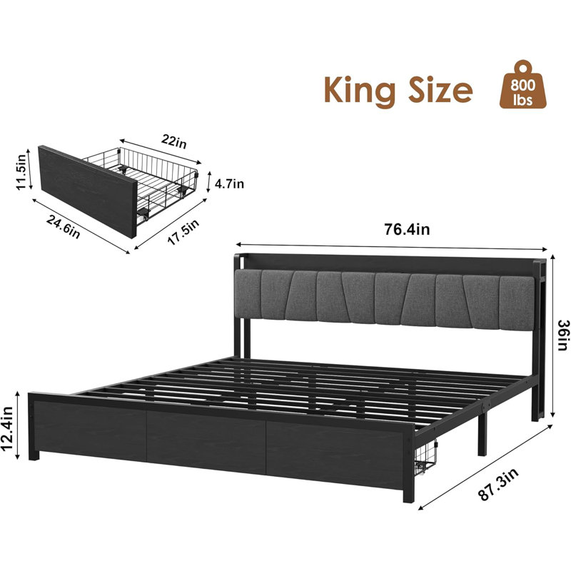 Bed with Storage Headboard, with 2 Large Drawers and Charging Station, No Box Spring Needed Bed, King
