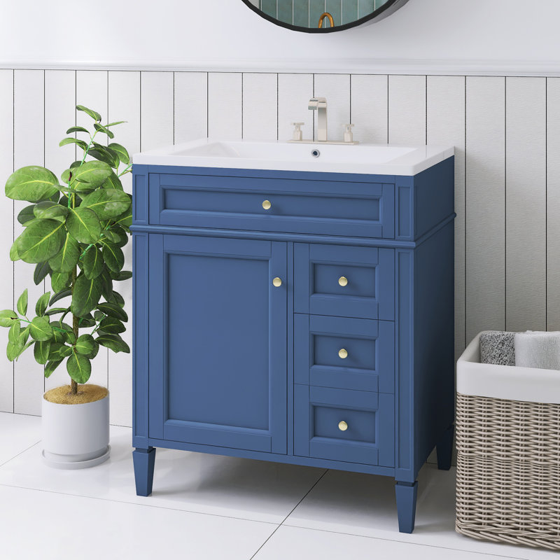 Meuble-lavabo simple 30 po avec lavabo intégré en céramique, Bleu / Doré