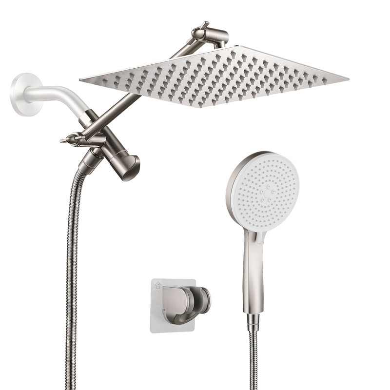 Adjustable Dual Shower Head with 8-Inch Rain Showerhead and 5-Spray Handheld Brushed Nickel, Brushed Nickel