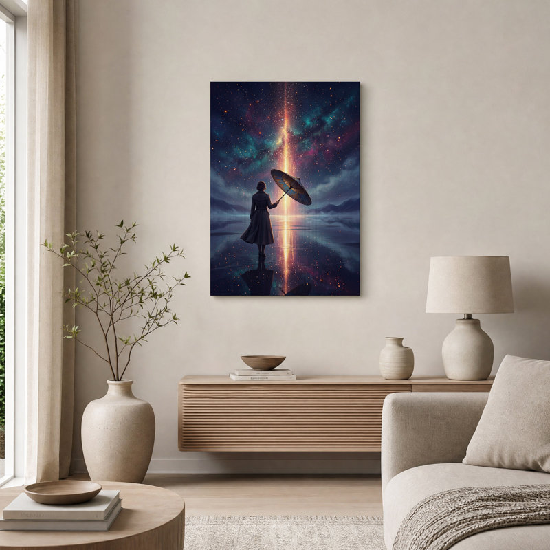 Silhouette de femme avec parapluie sous un ciel étoilé - Tableau sur toile, H 36 po x l 24 po