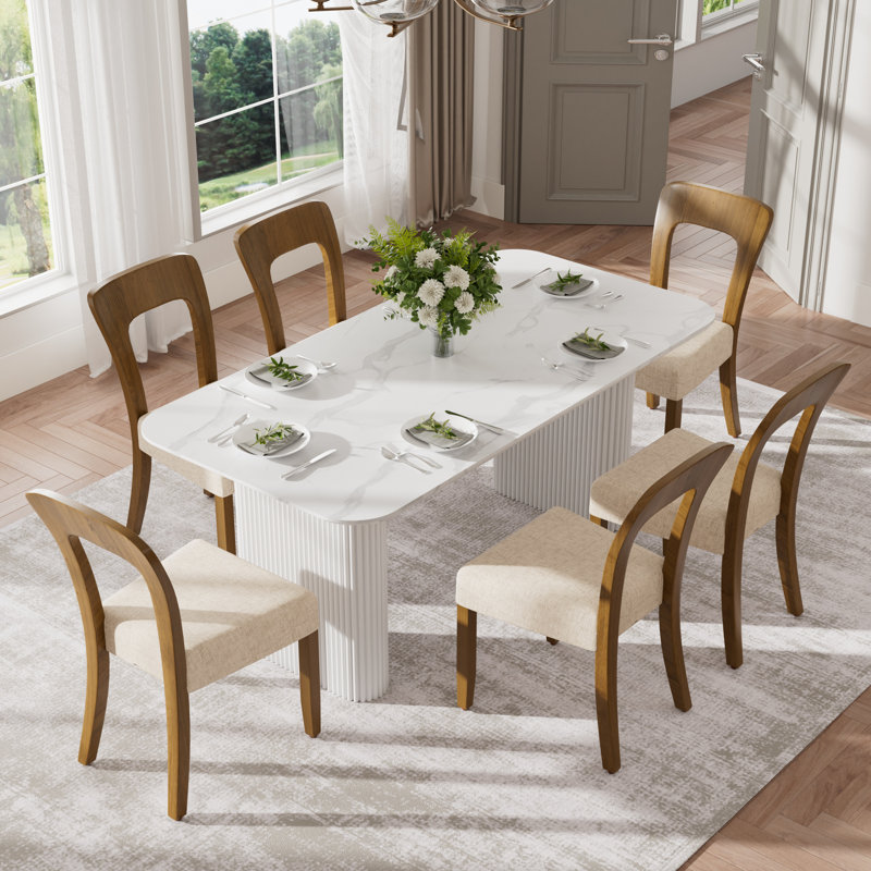 Ensemble de salle à manger rectangulaire à double piédestal avec chaise en chenille, Marron foncé, 7