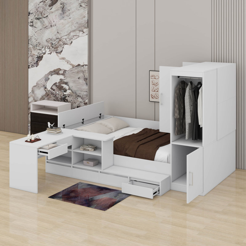 Full Size Wooden Platform Bed With Drawers,Desk And Shelves, White