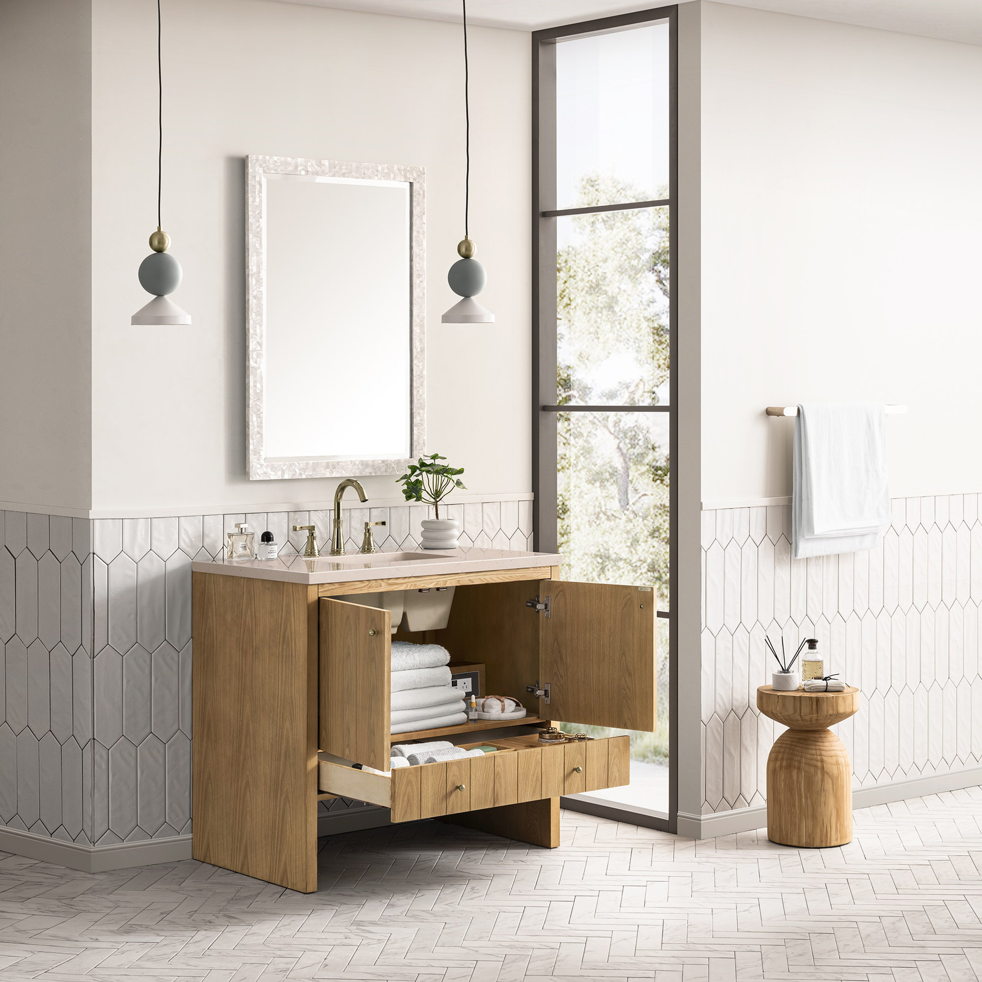 Hudson 36'' Single Bathroom Vanity, White Zeus, Light Natural Oak, 8" Widespread