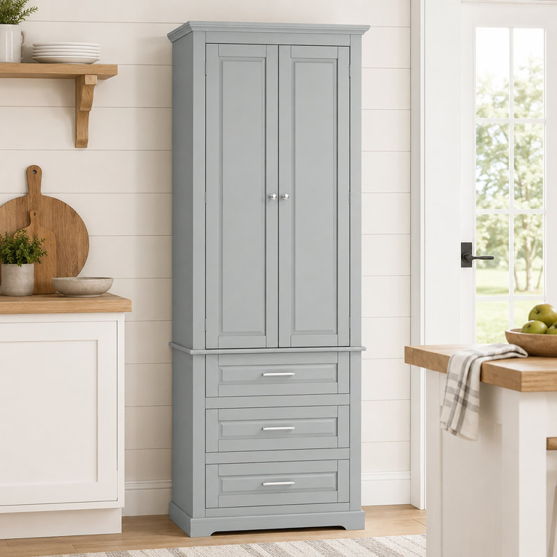 Coster Freestanding Tall Storage Bathroom Linen Cabinet With Metal Handles, Gray