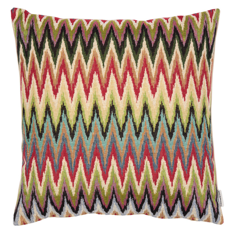 Zigzag Woven Cushion with Fibre Filler , Green/Red/Beige Chevron