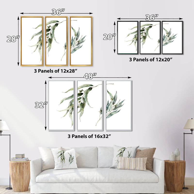 «Minimalistic Eucalyptus Branches», ensemble de 3 impressions sur toile, Cadre noir, H 20 po x l 36 po x P 1 po