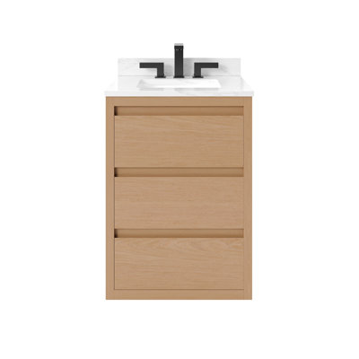 Meuble-lavabo simple en placage de bois de chêne véritable 24 po avec comptoir en pierre d'ingénierie Arabescato et lavabo sous-comptoir en porcelaine Mercer
