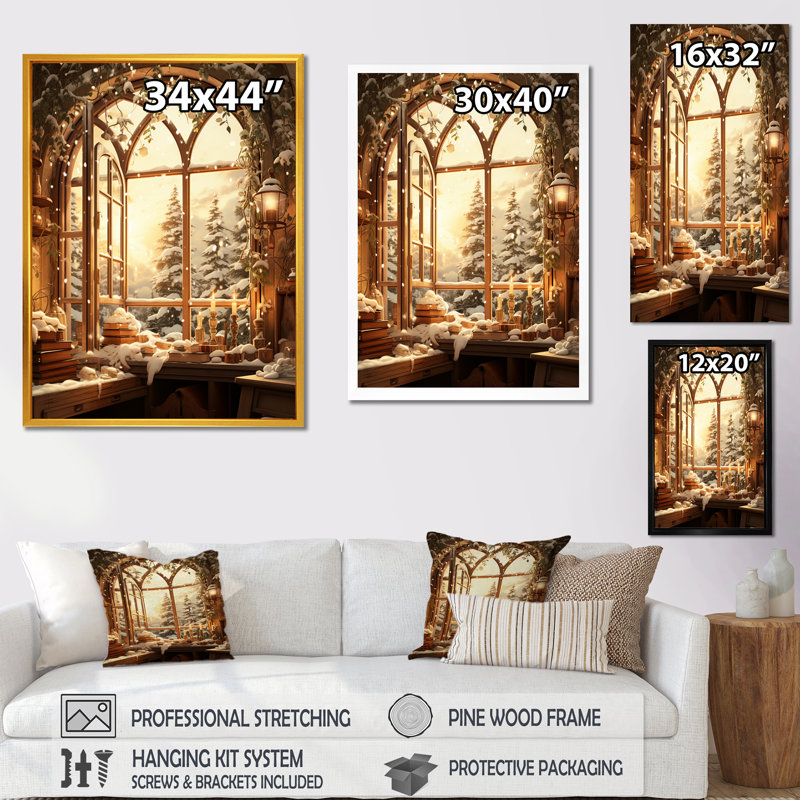 «Christmas Winter Window View I - Winter Landscape», impressions sur toile, Cadre flottant doré, H 20 po x l 12 po x P 1 po