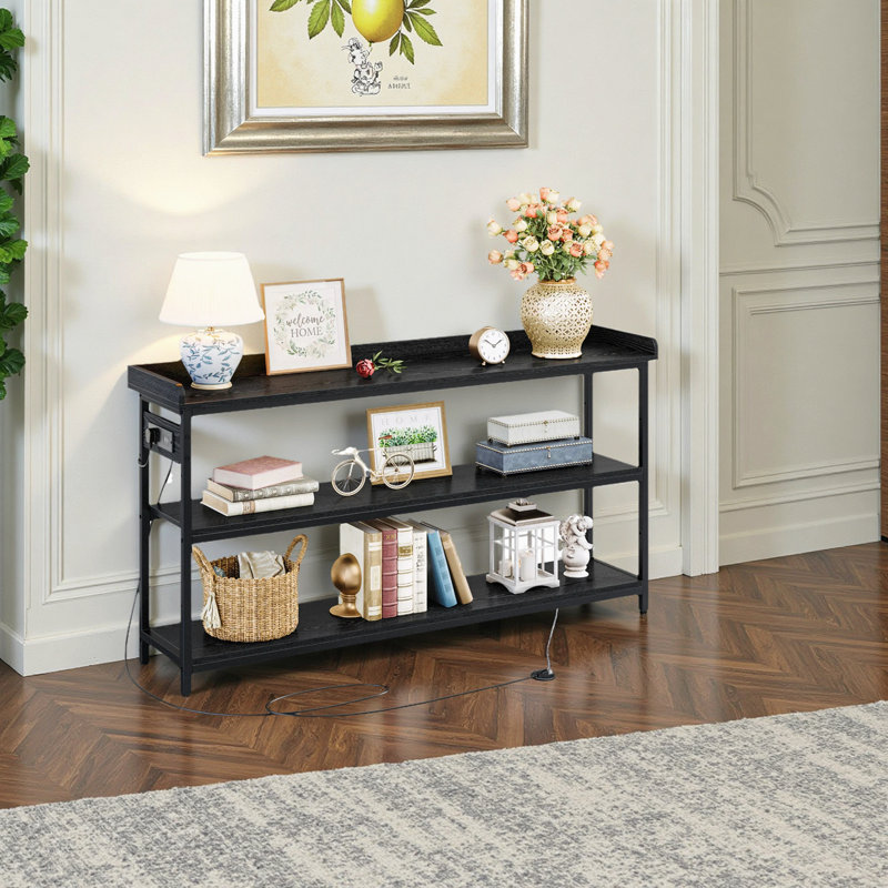 Console Table with Power Outlets, 33" H x 55" W x 13.8" D, Vintage Black