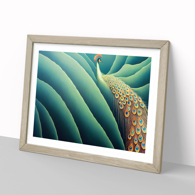 Bedazzling Peacock - Single Picture Frame Print, 46cm H x 64cm W x 2cm D, Oak Framed