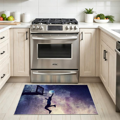 Black Machine Washable,Game Time Media Basketball Art Moon Indoor Area Rug