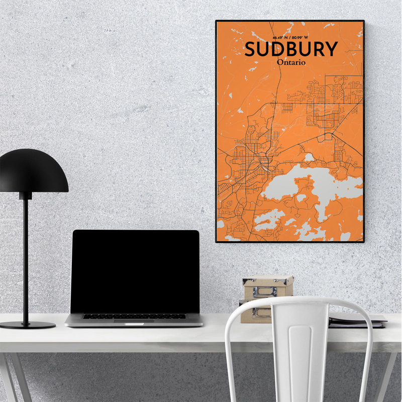 Sudbury City Map, impression, H 36 po x l 24 po, Orange / gris