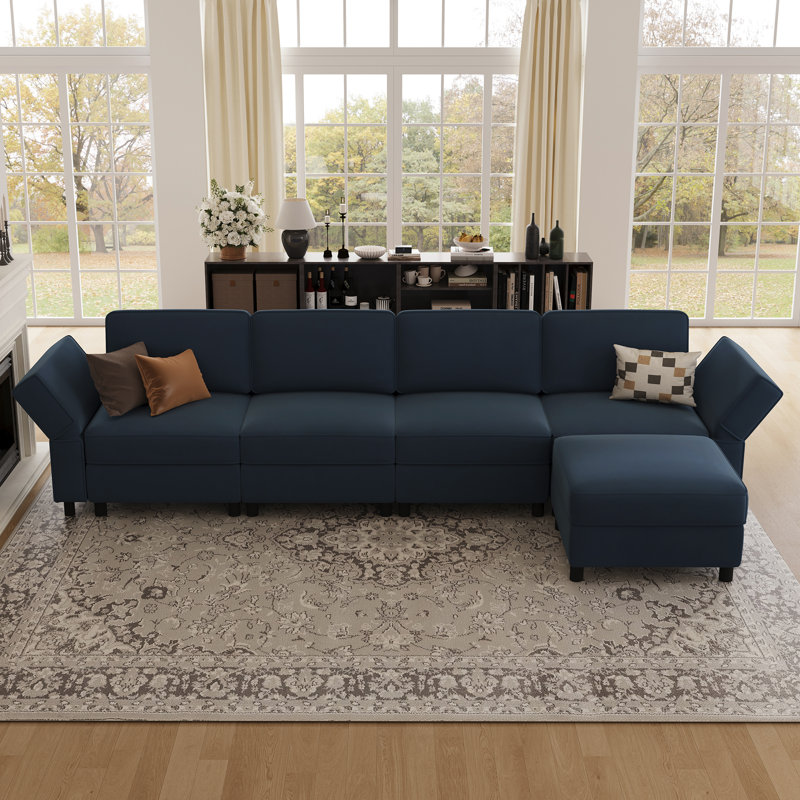 Upholstered Modular Sofa Sectional With Ottoman, Blue Velvet