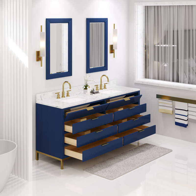 Bristol 72 In. Double Sink Carrara White Marble Countertop Bath Vanity In Monarch Blue With Satin Gold Gooseneck Faucets