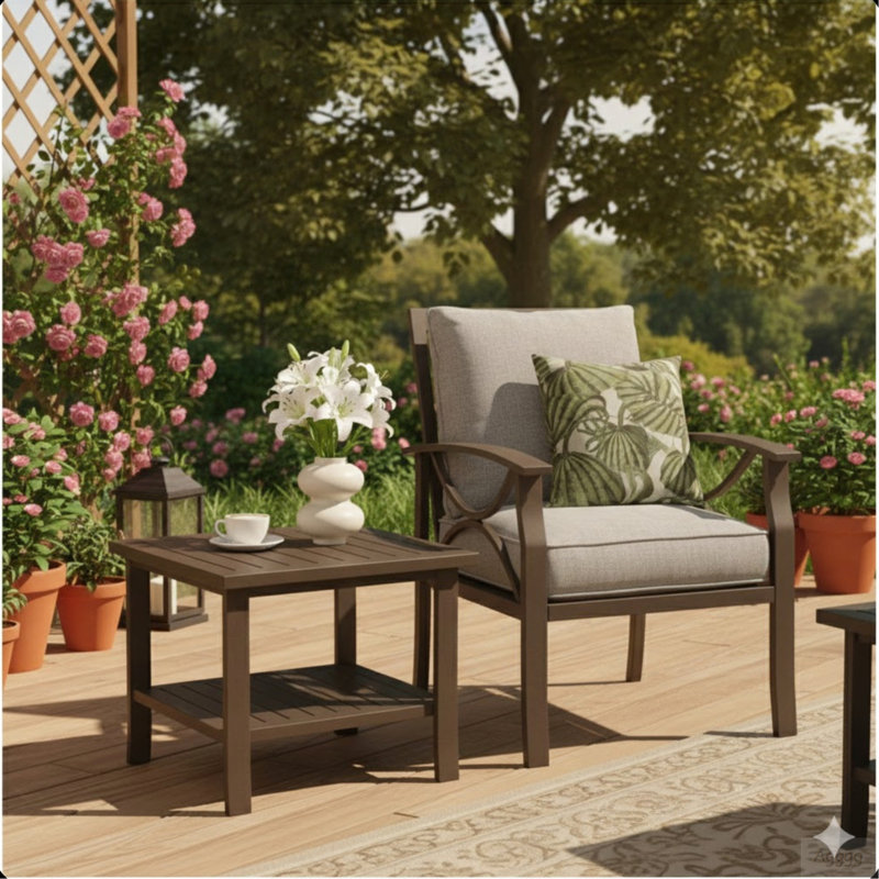 19" Square Brown Metal Outdoor Side Table, 2-Tier All-Weather Patio End Table, Brown