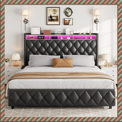 Queen Bed Frame with 50.8" Tall Headboard, 4 Storage Drawers, USB Charging Station & LED Lights, No Box Spring Needed, Easy Assembly