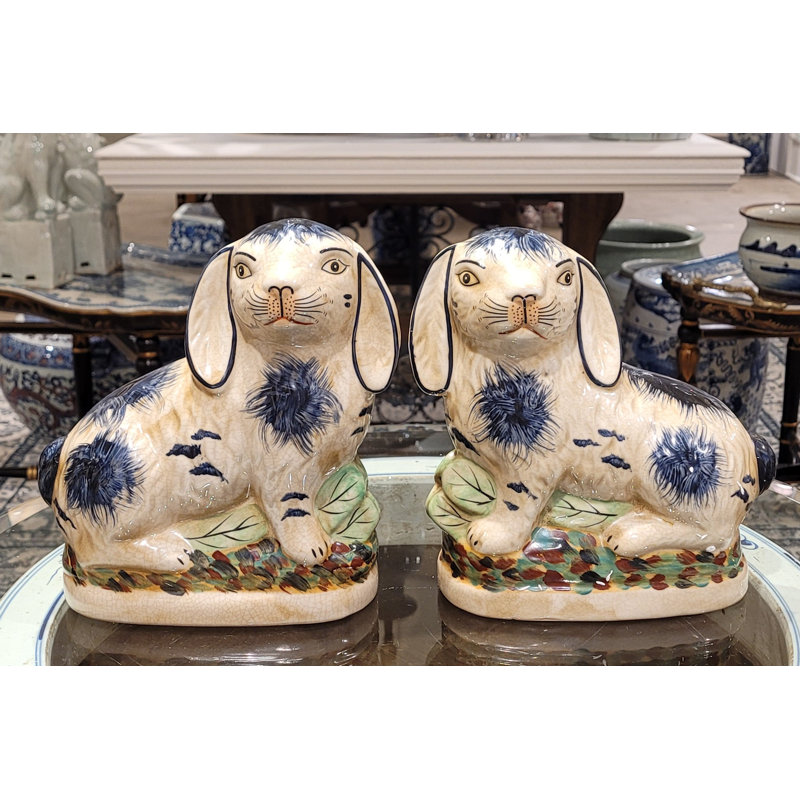 Small Staffordshire Bunny Hares Figurine, Blue/Cream, 8" H x 4" W x 8" D