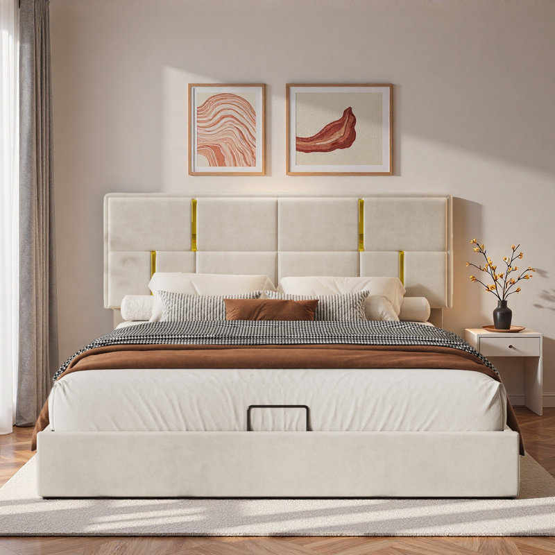 Lit plateforme tapissier avec système de rangement hydraulique, Beige
